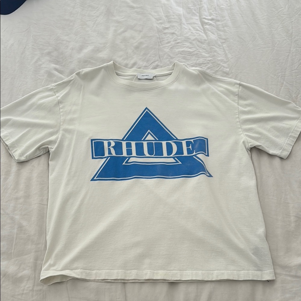 Rhude Cream and Blue Logo Tee